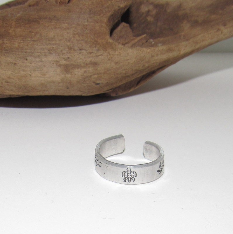 beach theme ring, Personalized Adjustable stamped ring, turtle lover stamped jewelry, boho beachring, view 4
