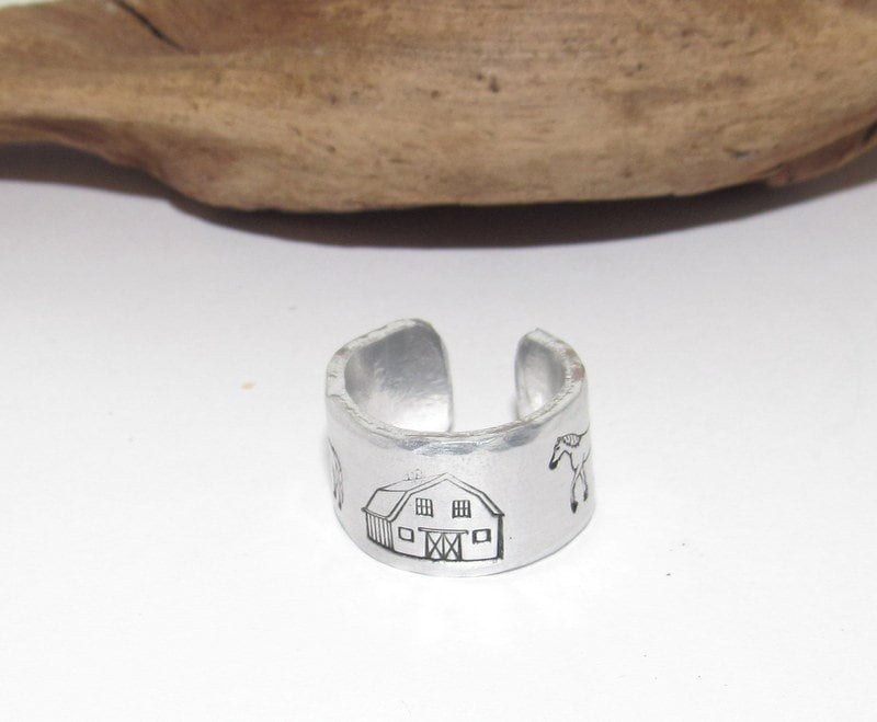 Horse barn ring, horse lover Aluminum Hand Stamped Ring, horse lover jewelry personalized adjustable ring, gift for horse lover