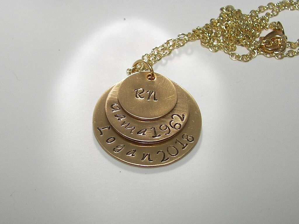 3 layer mothers necklace in brass nugold, nurse graduration gift, custom hand stamped jewelry , personalized jewelry necklace for her, view 3