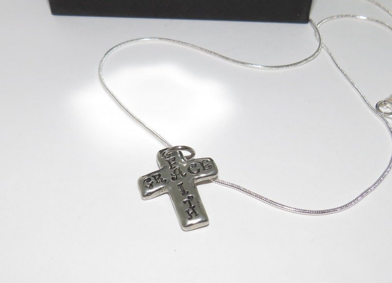 personalized Faith cross necklace, personalized cross jewelry, custom stamped Faith gift for mom, best friend encouragement gift, view 2
