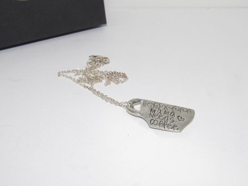 Mama needs coffee hand stamped pewter necklace, personalized coffee lover gift, custom stamped gift for mom, morning coffee gift, view 2