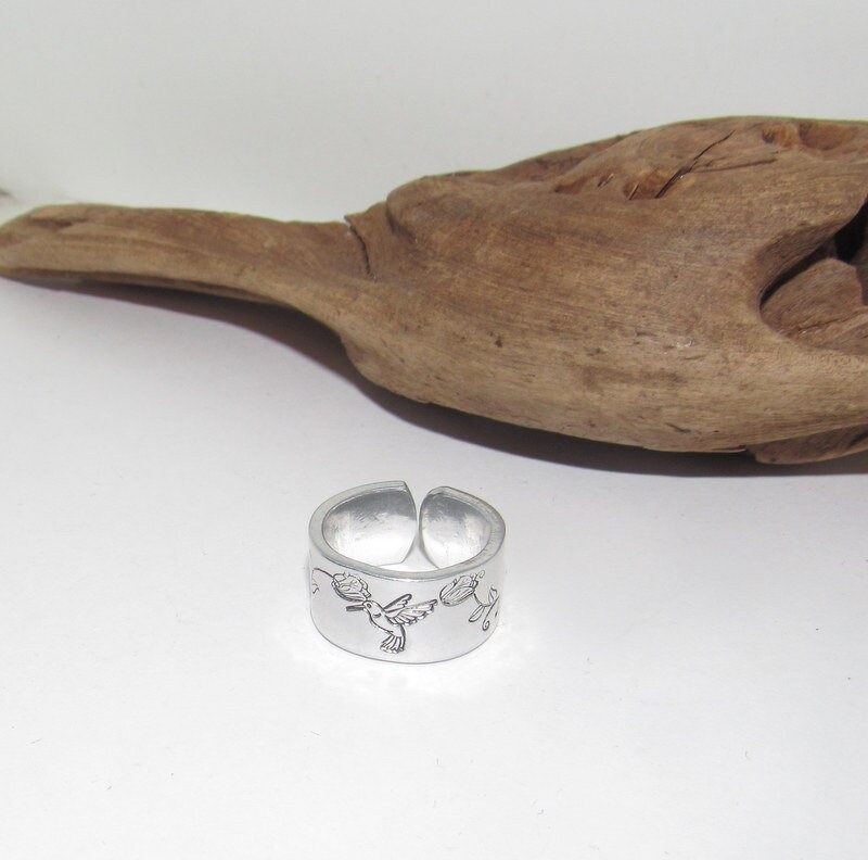 Sterling silver Humming bird Adjustable stamped ring, bird lover silver ring, inspiration rings adjustable ring, stamped jewelry,, view 3