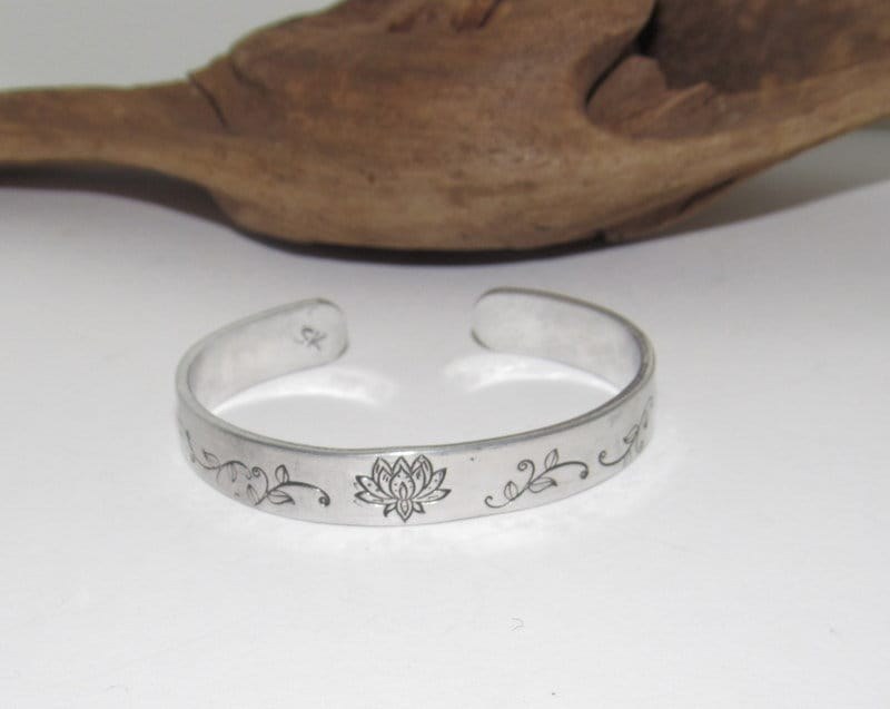 Sterling silver Lotus flower bracelet, Personalized plant Adjustable stamped cuff bracelet, pewter cuff, stamped jewelry,