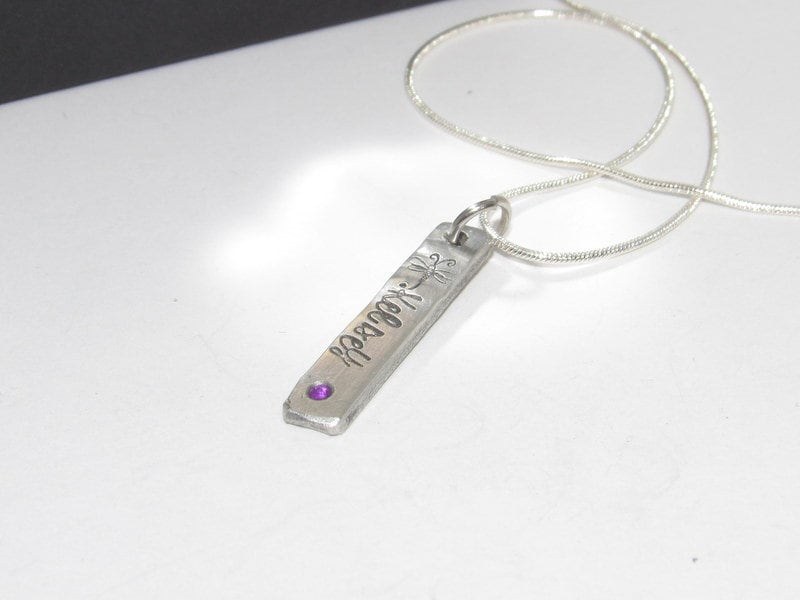 skinny pewter bar necklace with kids names, personalized jewelry for mom, mommy necklace for her, custom hand stamped jewelry, view 3