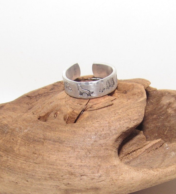 Wolf ring ,mountain ring, Personalized Adjustable stamped ring, turtle lover stamped jewelry, boho beachring, view 4