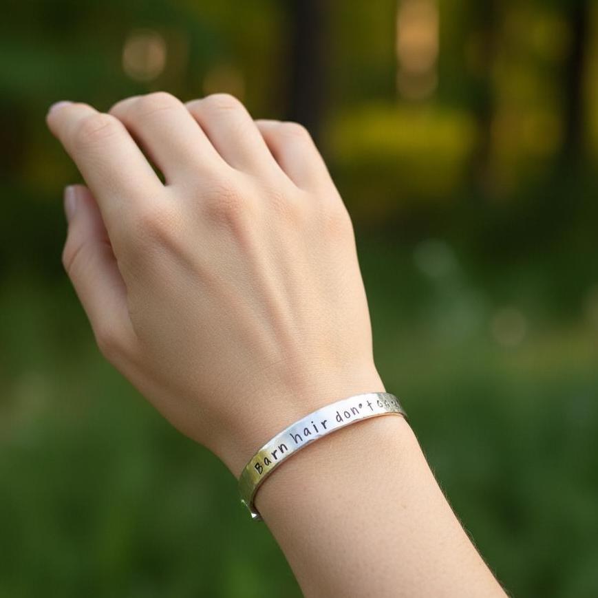Pewter Barn hair don't care, horse lover jewelry, personalized cuff bracelet, Bff gift, western jewelry cuff,, view 2