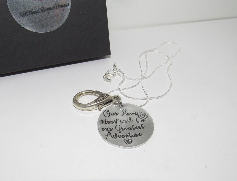 Our love story personalized Ring holder necklace , mother to be gift, hand stamped new mom or mommy to be necklace handstamped jewelry, view 6