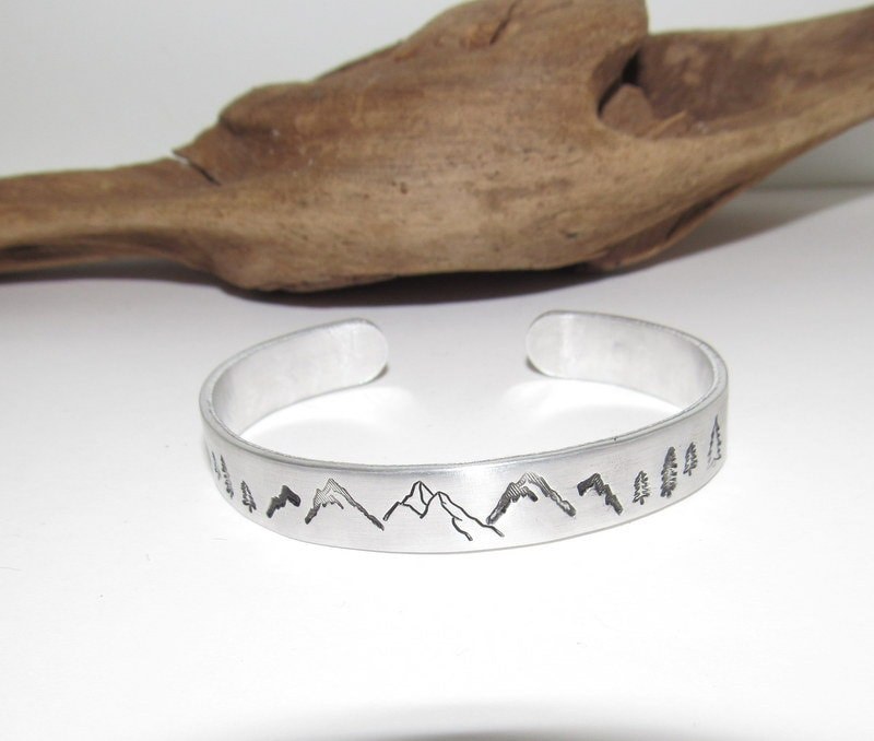 Sterling silver Mountain cuff, tree cuff bracelet, mountain lover gift, adjustable silver cuff, stamped jewelry, stamped cuff bracelet