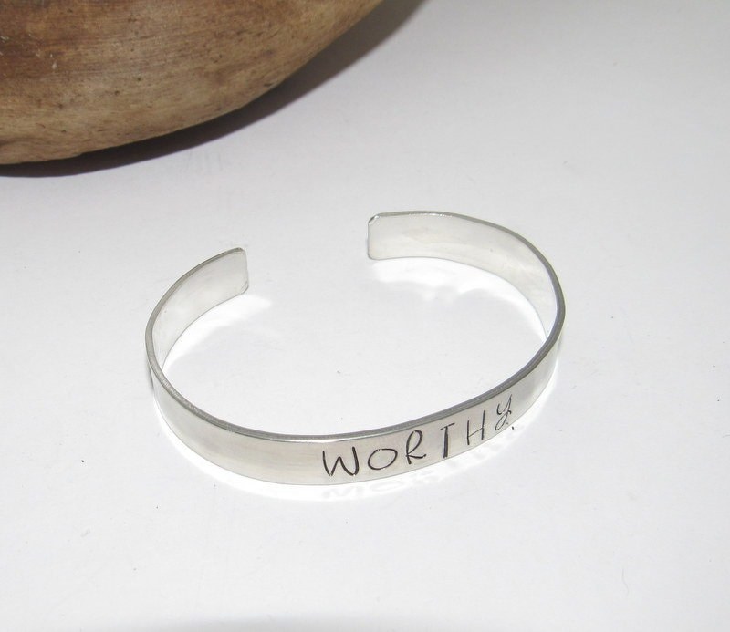 Worthy affirmation cuff bracelet, pewter jewelry, bridesmaid gifts, best friend gift, personalized bracelet for her, handstamped jewelry, view 4