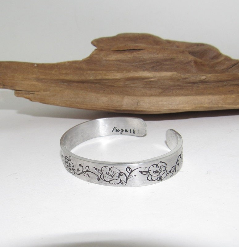 Sterling silver August Birth flower bracelet, stamped jewelry, personalized jewelry, brides maids gifts, nature flower jewelry, view 2