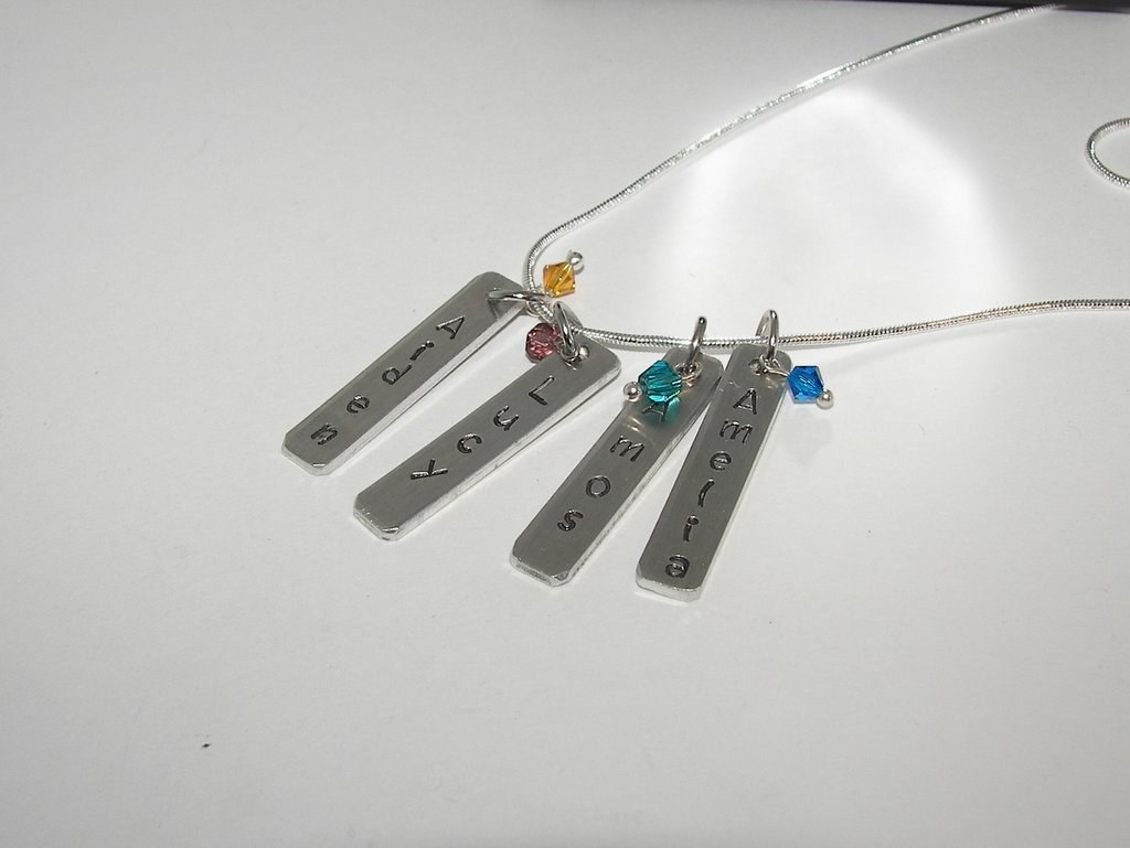 skinny pewter bar necklace with kids names, personalized jewelry for mom, mommy necklace for her, custom hand stamped jewelry, view 2