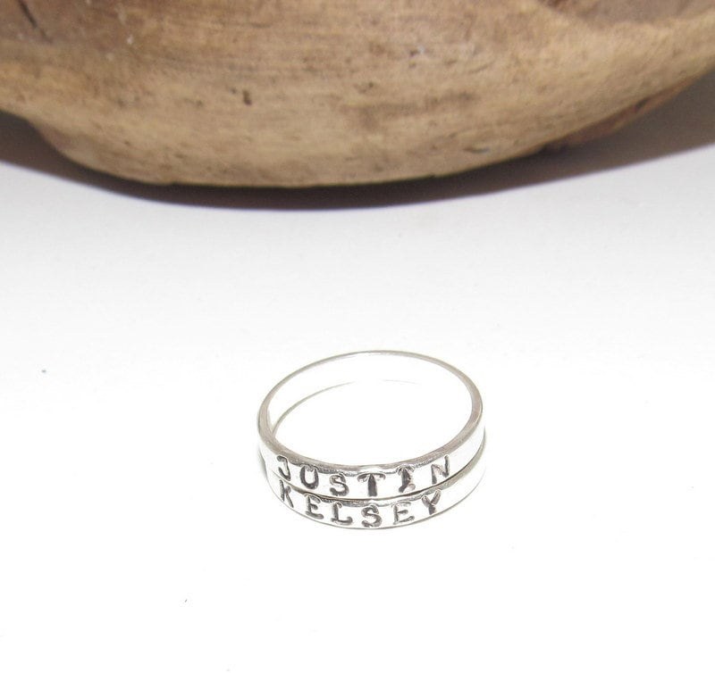 sterling silver skinny stacking name ring set, personalized name jewelry, hand stamped jewelry, Anniversary gift for mom, view 2