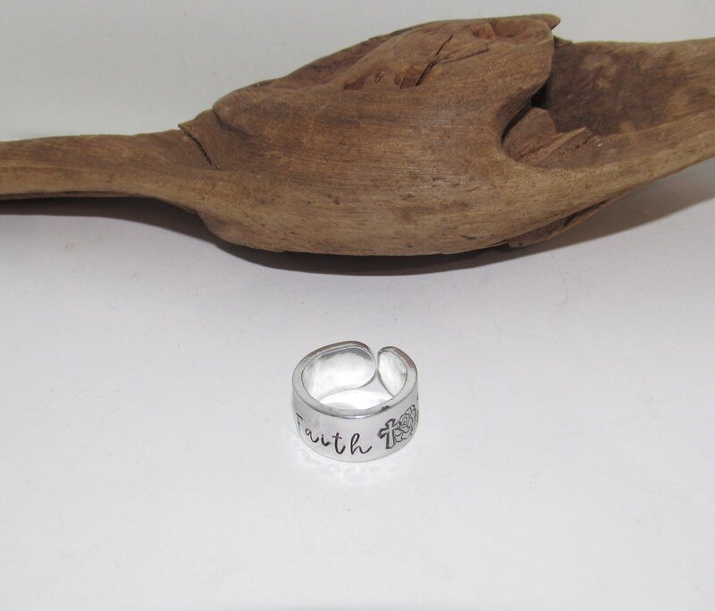 Sterling silver faith thumb Ring, stamped cross ring, Personalized Hand Stamped Ring, Forest Hand Stamped Ring, view 3