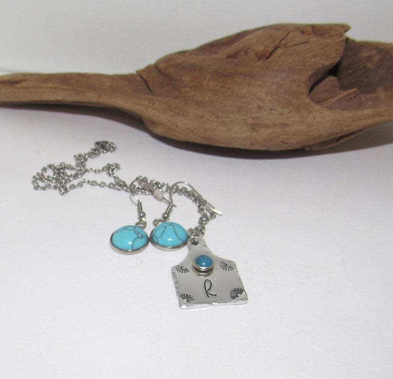 Initial necklace and earring set , personalized necklace pendant, Boho western theme necklace, western jewelry for her, pendant necklace