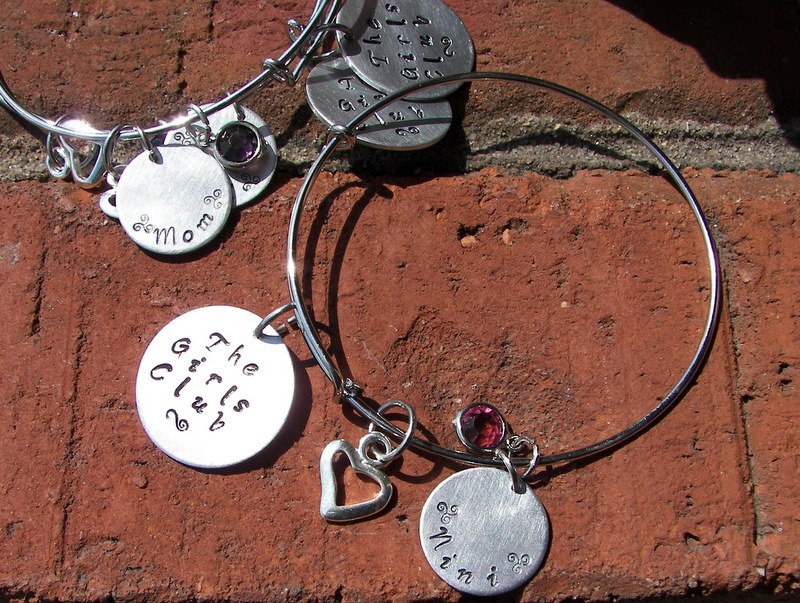 adjustable bangle charm bracelet with kids names and birth stones, personalized jewerly bangle, custom hand stamped jewelry, view 7