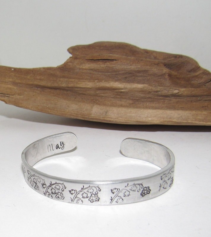 May Birth flower bracelet, stamped jewelry, personalized jewelry, brides maids gifts, nature flower jewelry, view 3