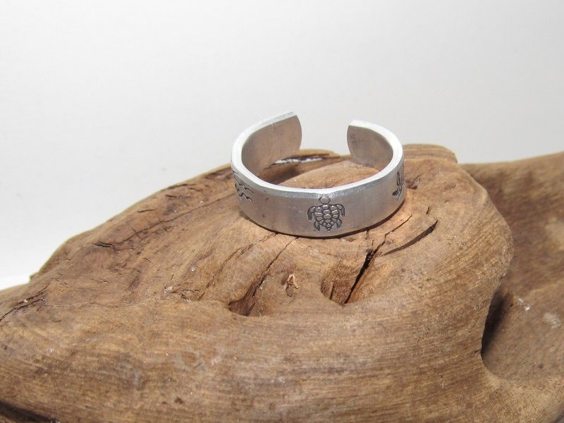beach theme ring, Personalized Adjustable stamped ring, turtle lover stamped jewelry, boho beachring, view 5