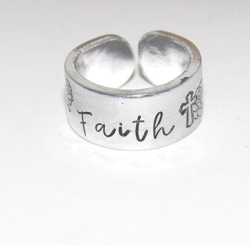 Sterling silver faith thumb Ring, stamped cross ring, Personalized Hand Stamped Ring, Forest Hand Stamped Ring, view 2