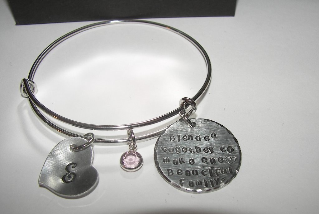 adjustable bangle charm bracelet with kids names and birth stones, personalized jewerly bangle, custom hand stamped jewelry, view 9