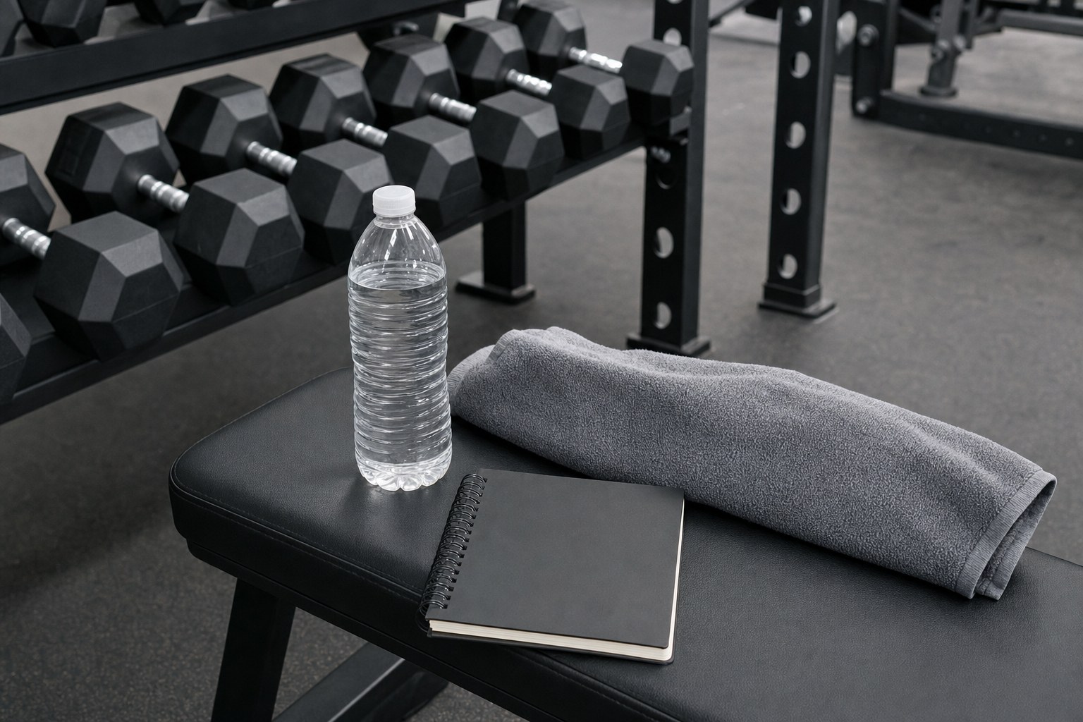 Water bottle, towel and notebook arranged on a gym bench