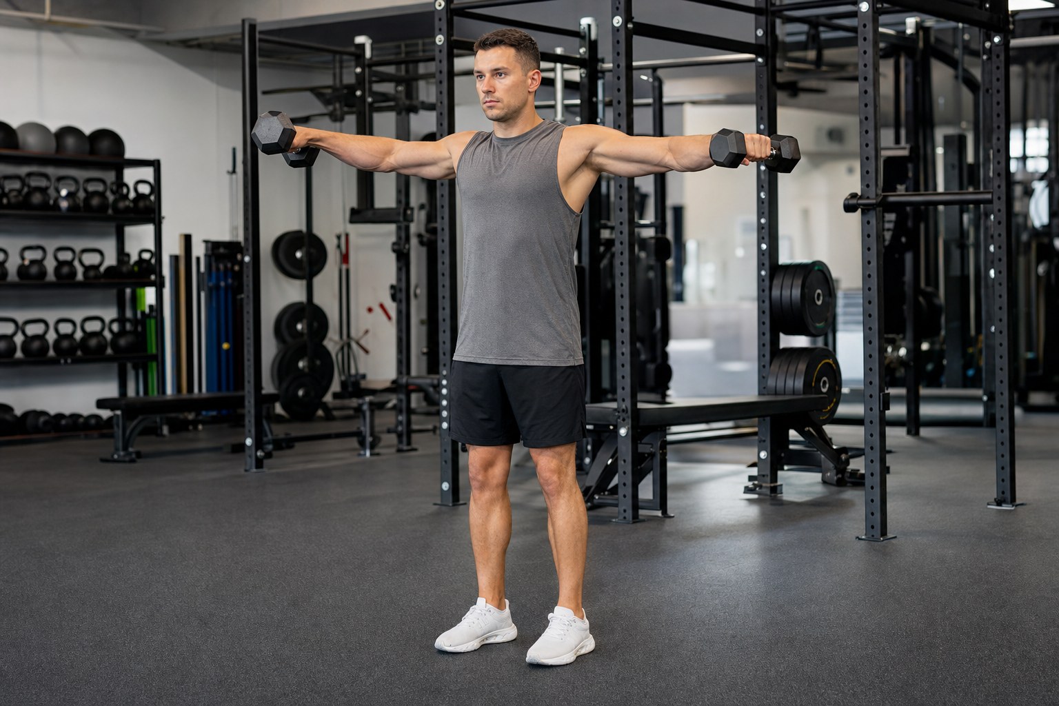 Lifter performing dumbbell lateral raises with controlled form in a strength gym