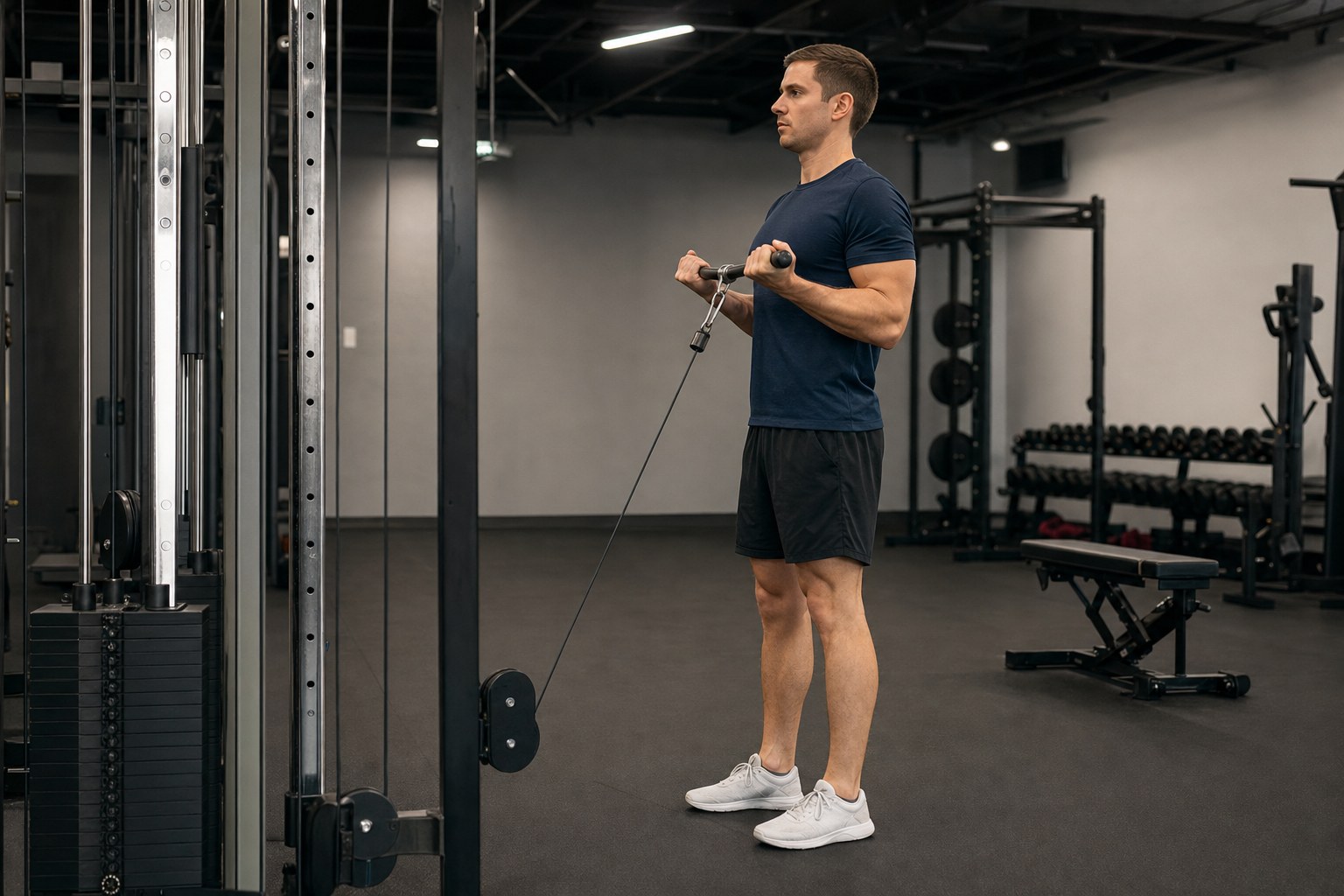 Lifter performing controlled cable curls in a strength gym