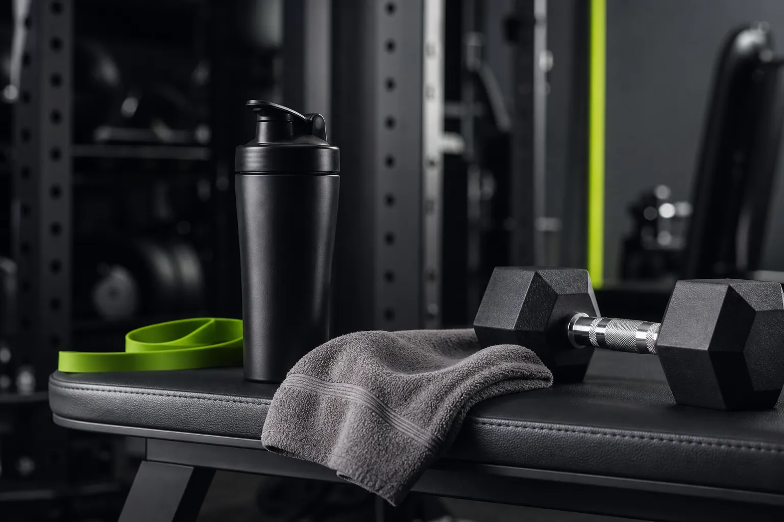 Black shaker, dumbbell and training gear on a gym bench