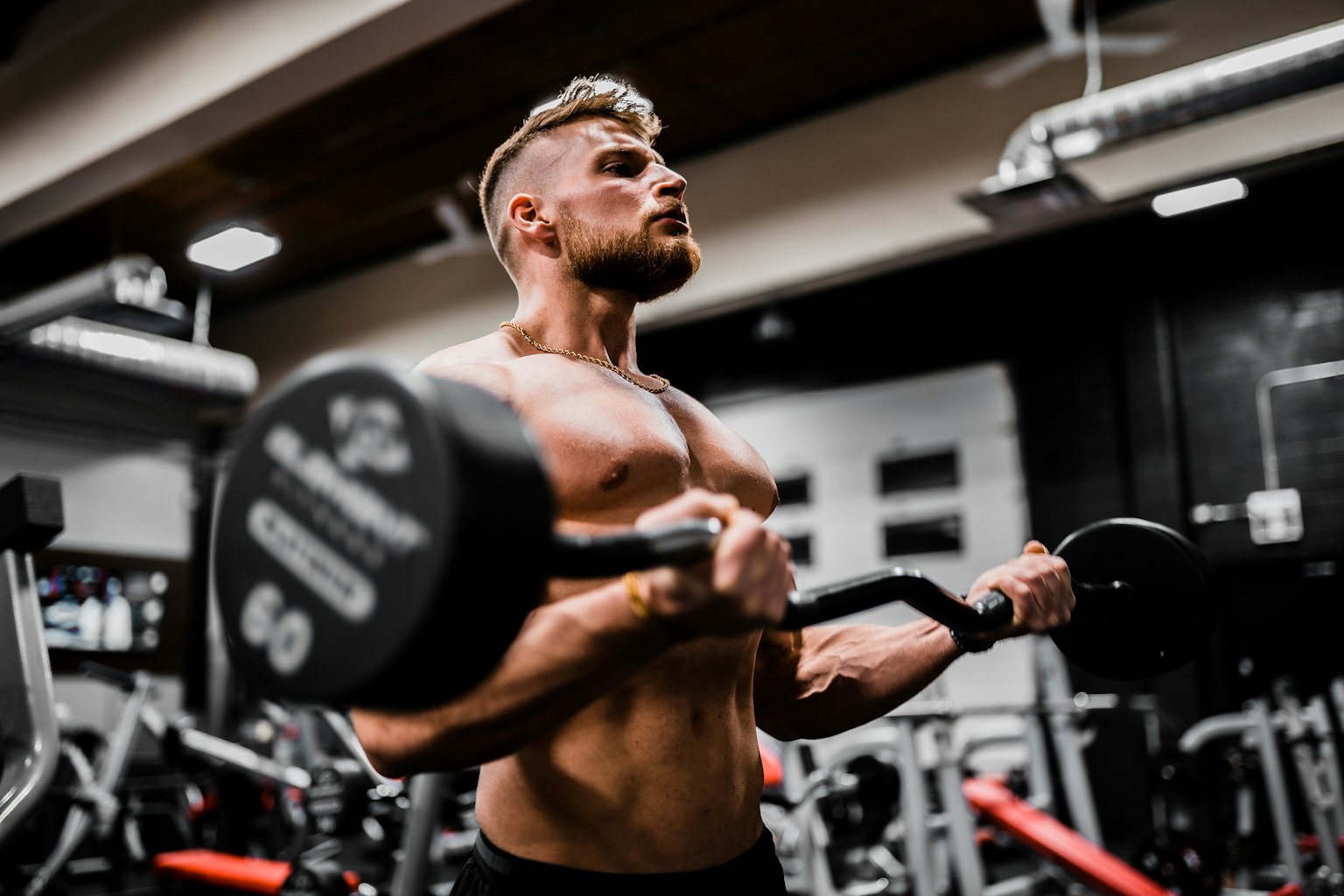 Lifter performing a barbell curl in a strength gym
