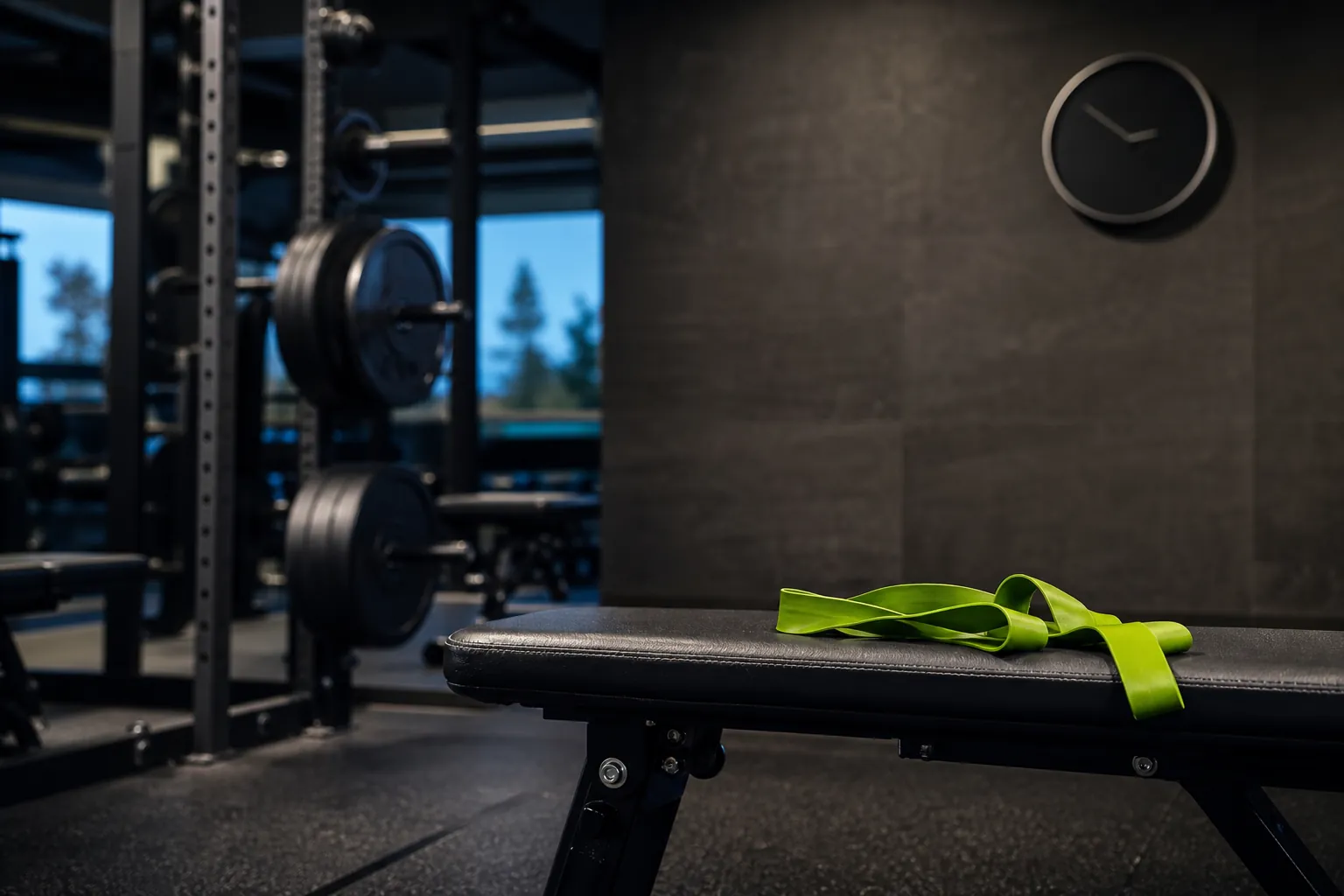 Empty evening gym with weights and a bright training band on a bench