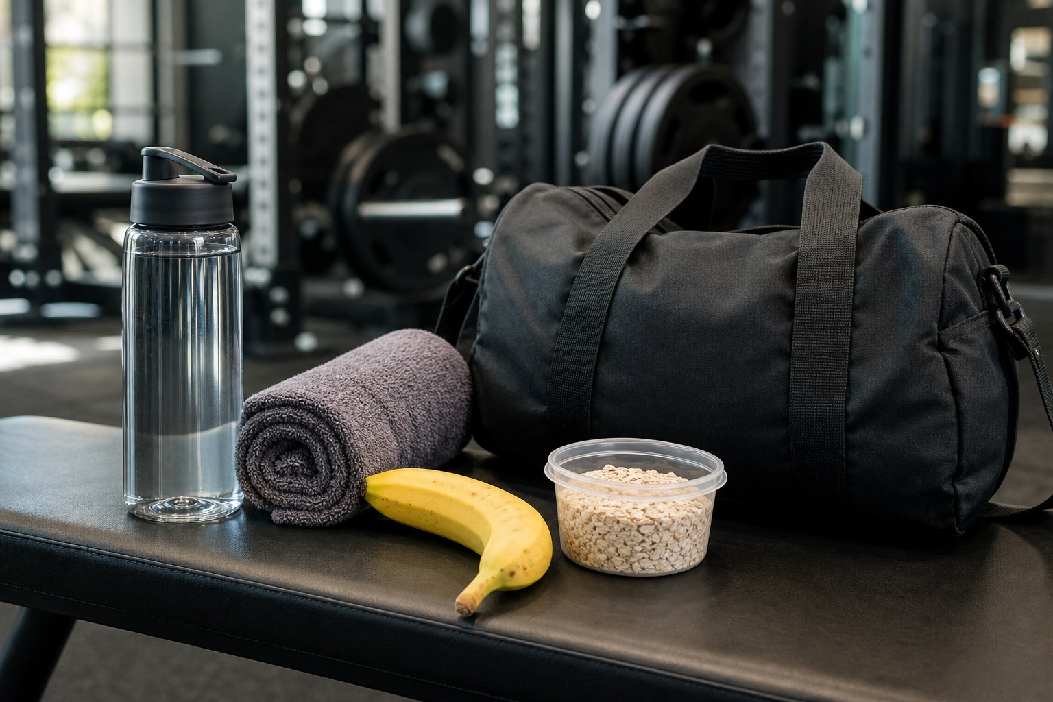 Water bottle, towel, banana, oats and gym bag arranged on a gym bench