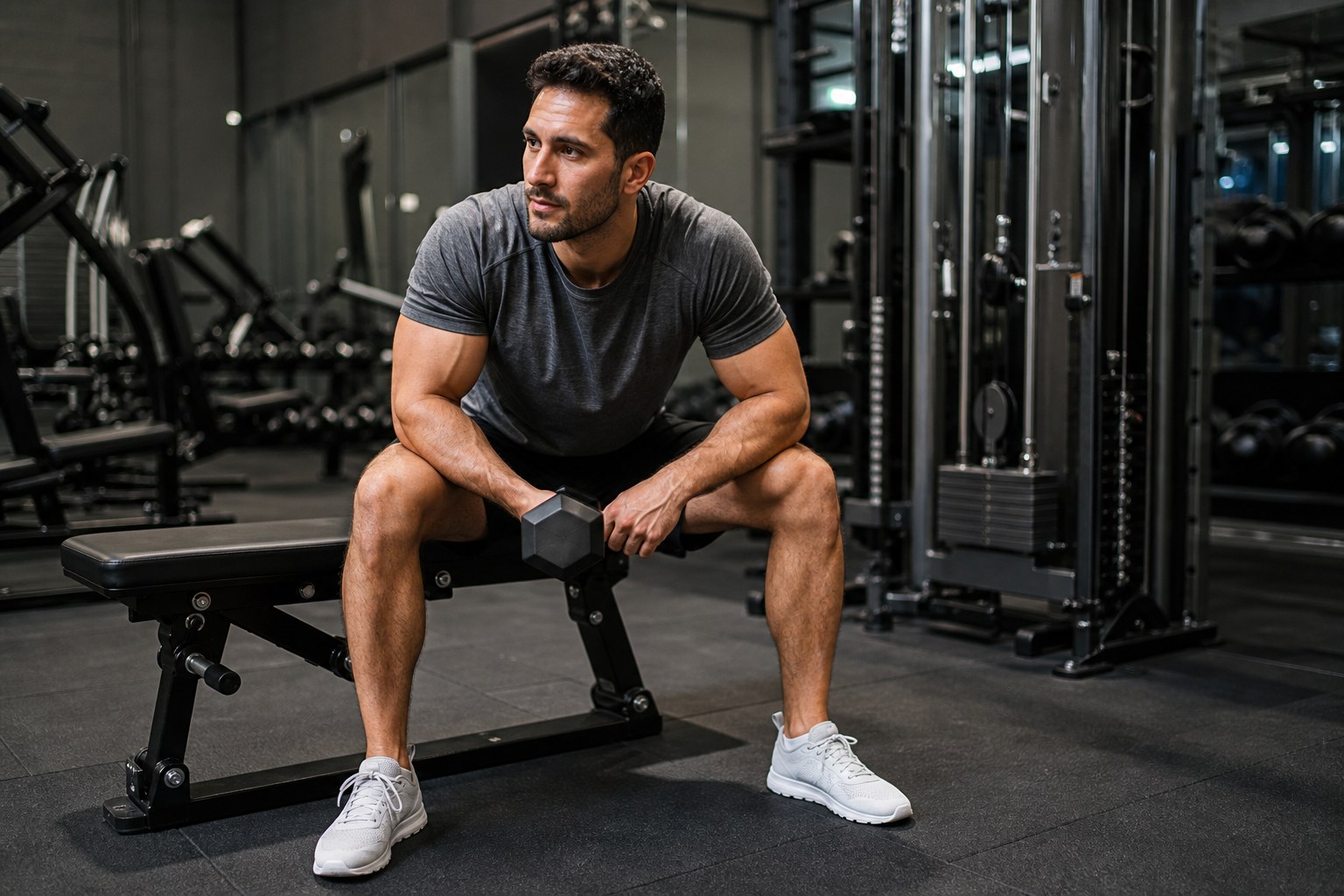 Lifter resting with a dumbbell between sets in a strength gym