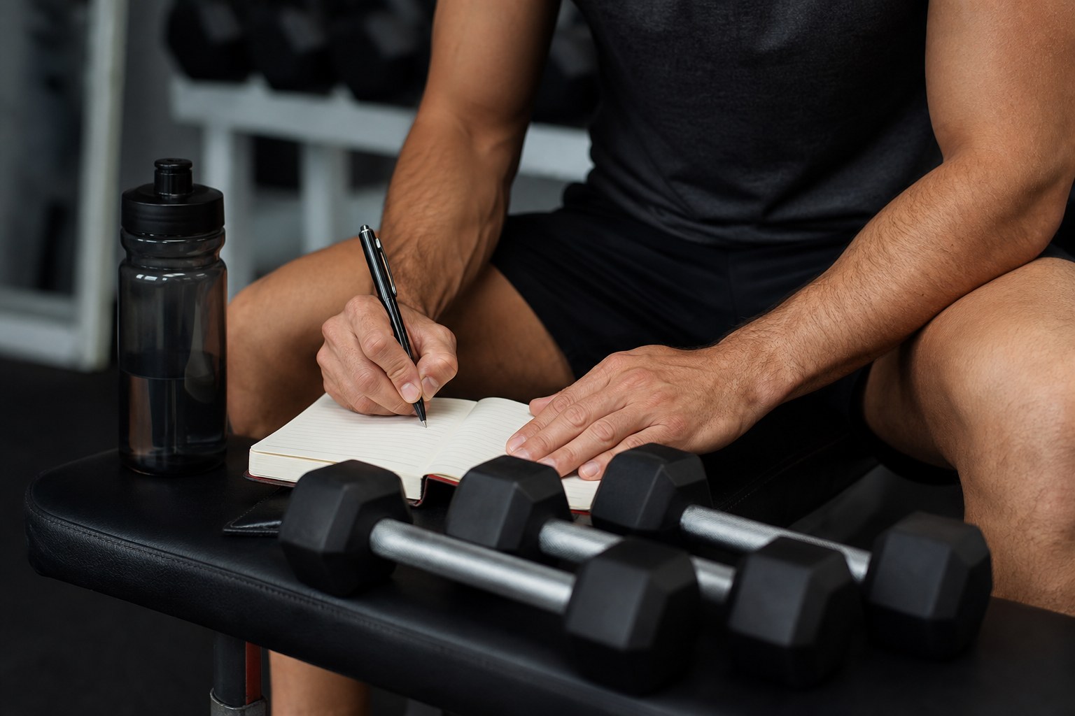 Lifter writing a workout note beside dumbbells and a water bottle