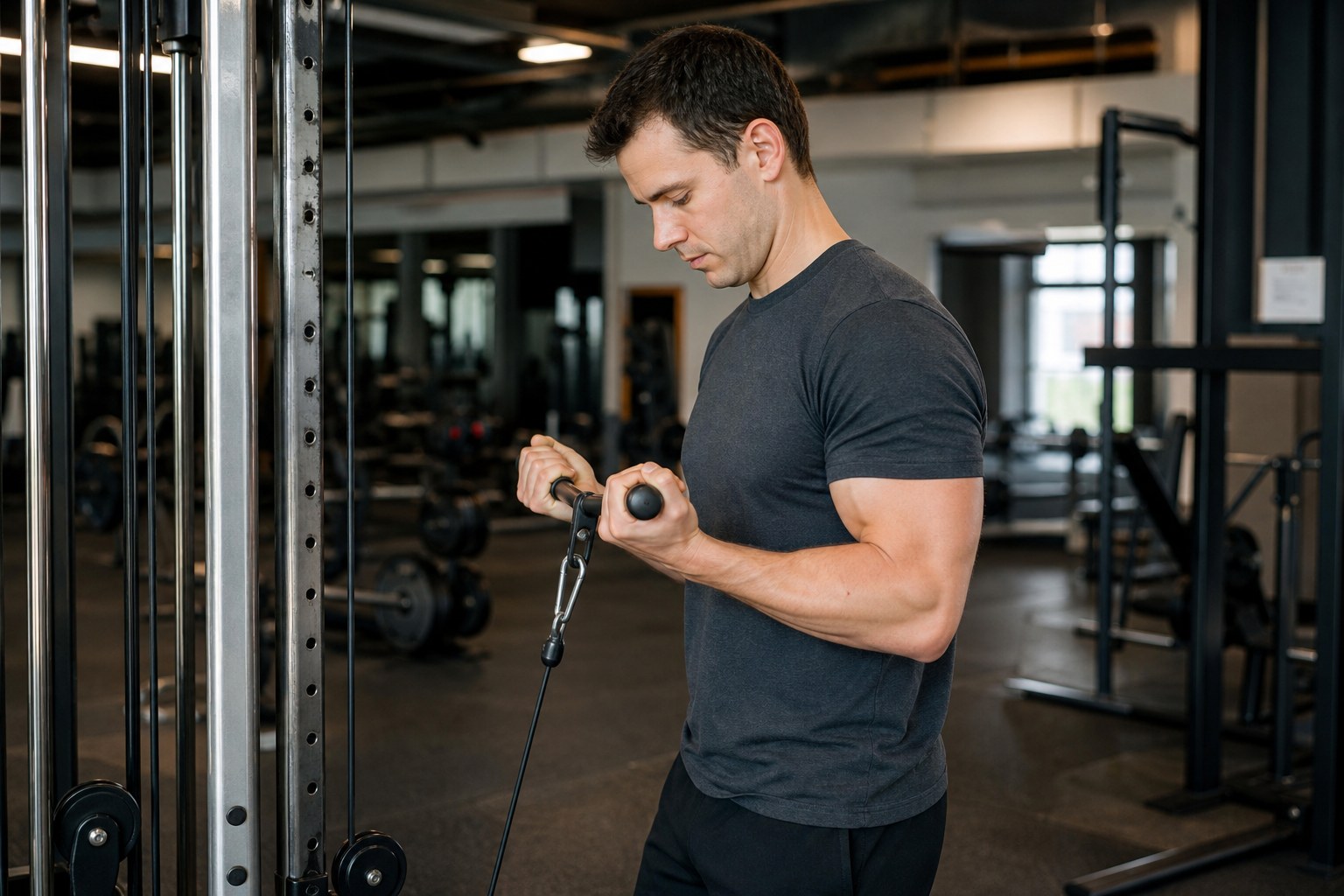 Lifter performing controlled cable curls in a strength gym