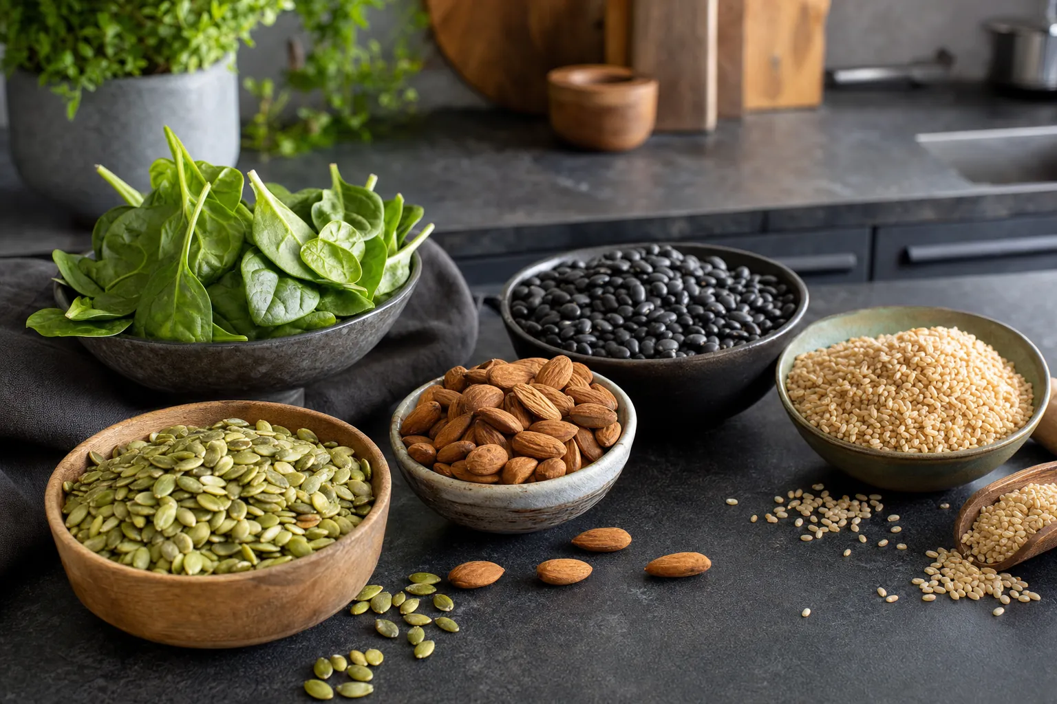 Spinach, black beans, pumpkin seeds, almonds and whole grains in bowls on a kitchen counter