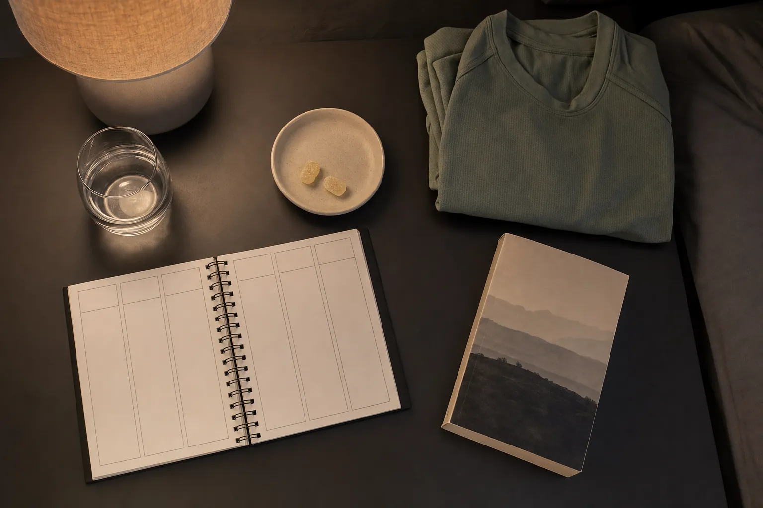 Evening routine items including water, a planner, folded training clothes and gummies