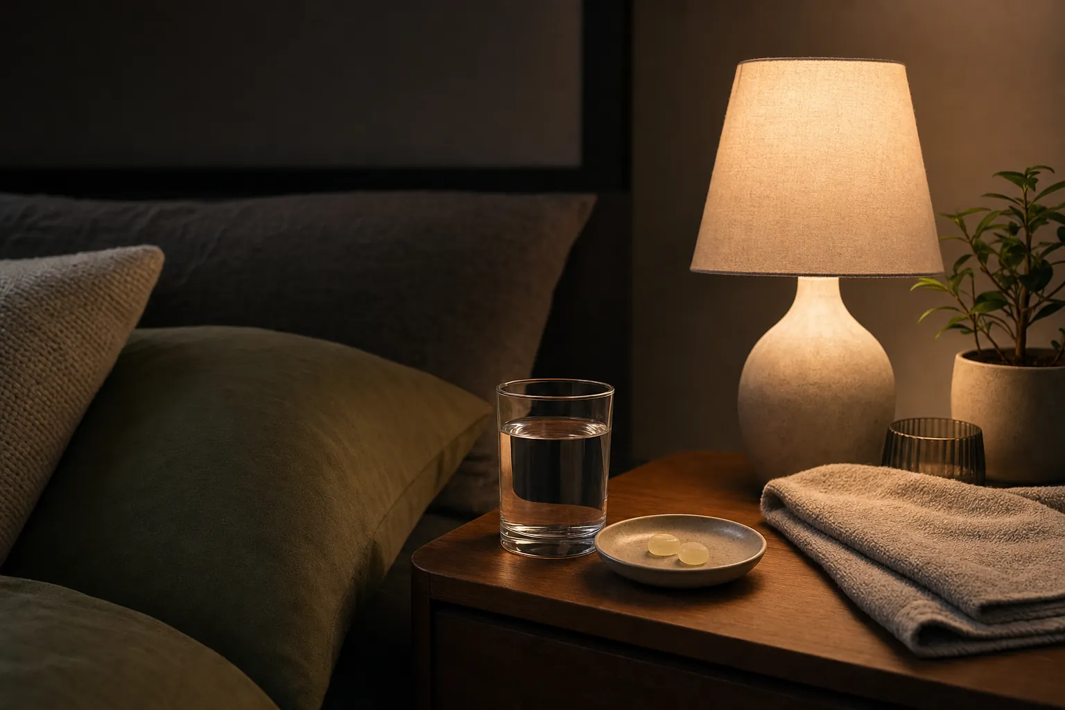 Glass of water and gummies on a bedside table beside a warm lamp