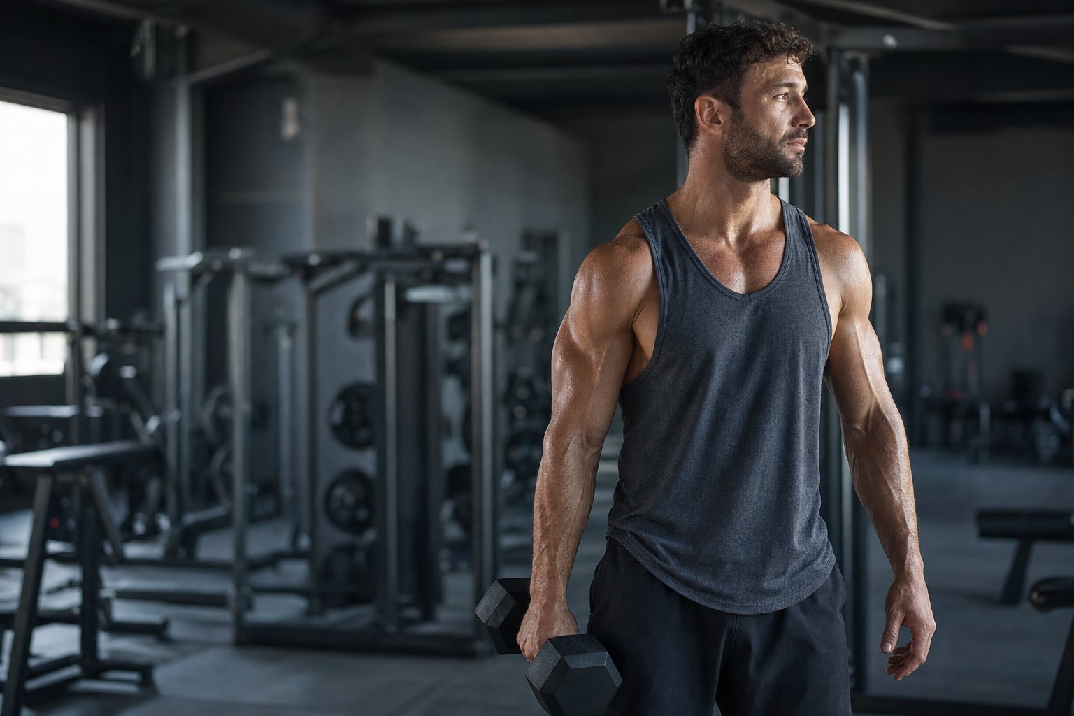 Lifter holding a dumbbell between sets in a strength gym