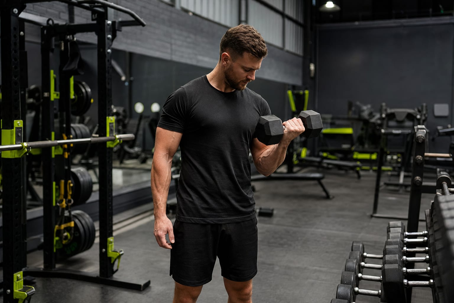 Lifter performing a controlled dumbbell curl in a strength gym