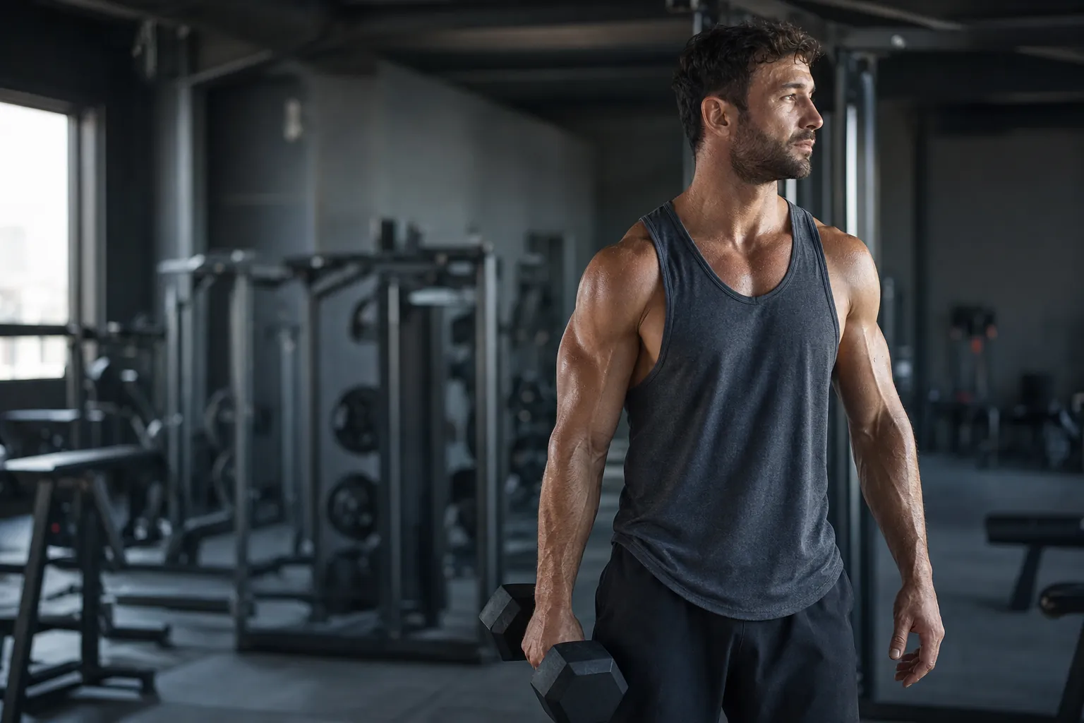 Lifter holding a dumbbell between sets in a strength gym