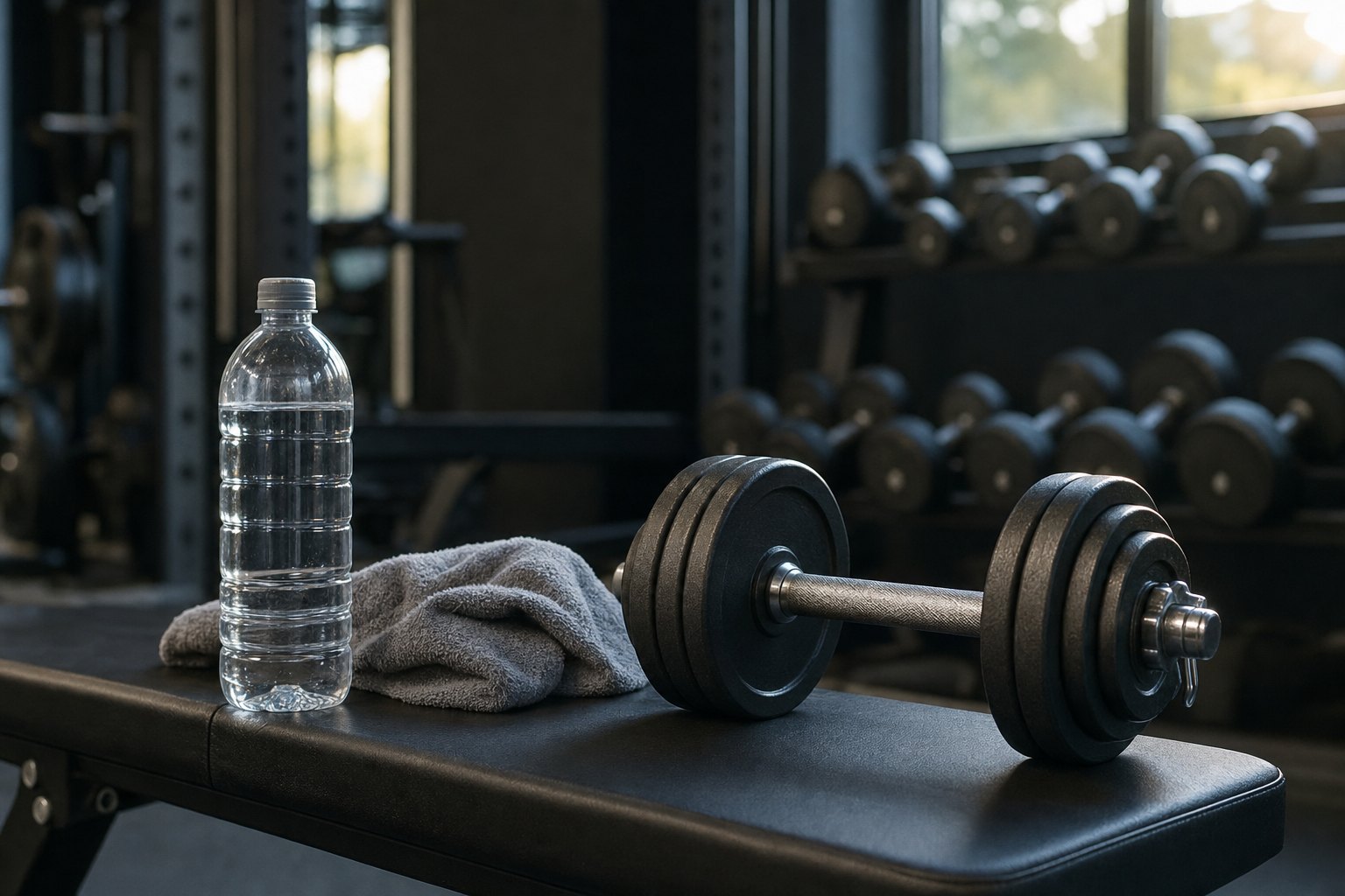 Water bottle, towel and dumbbell on a gym bench after training