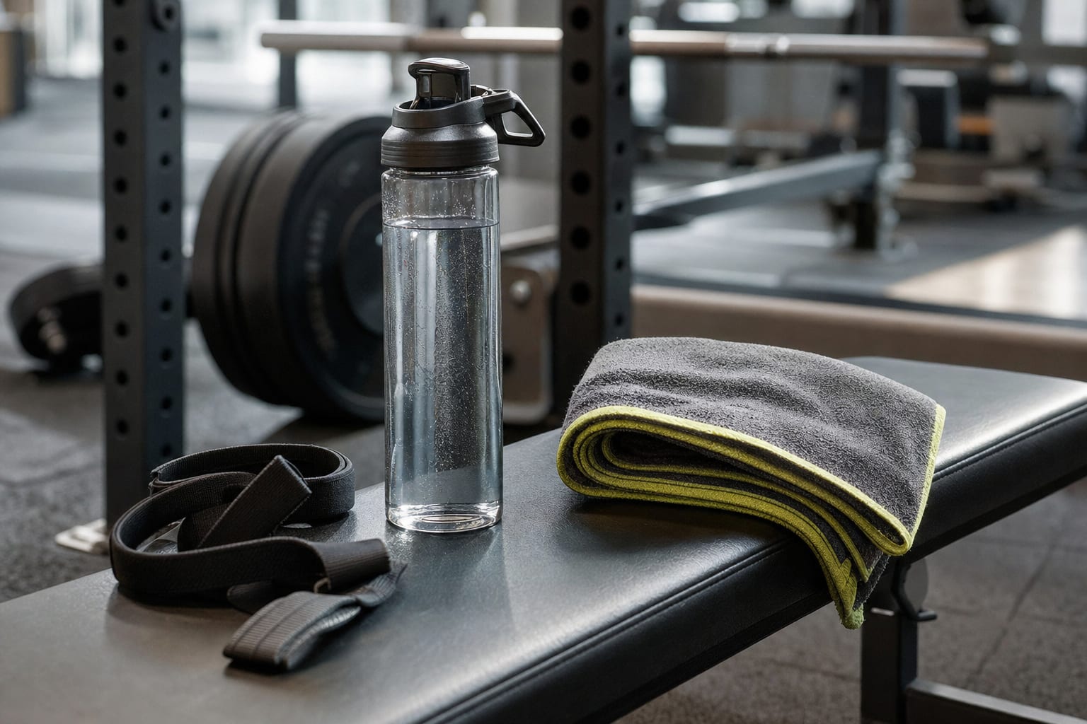 Water bottle, towel and lifting straps on a gym bench