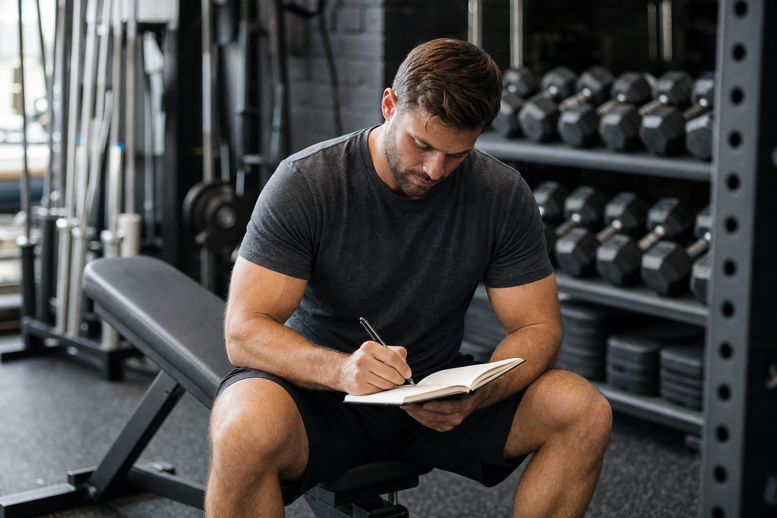 Lifter writing training notes after a workout in a gym