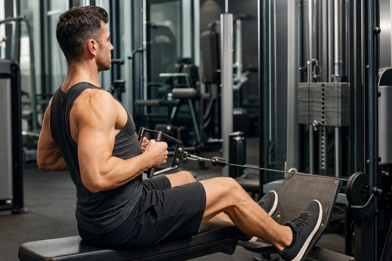 Lifter performing a controlled cable row in a gym