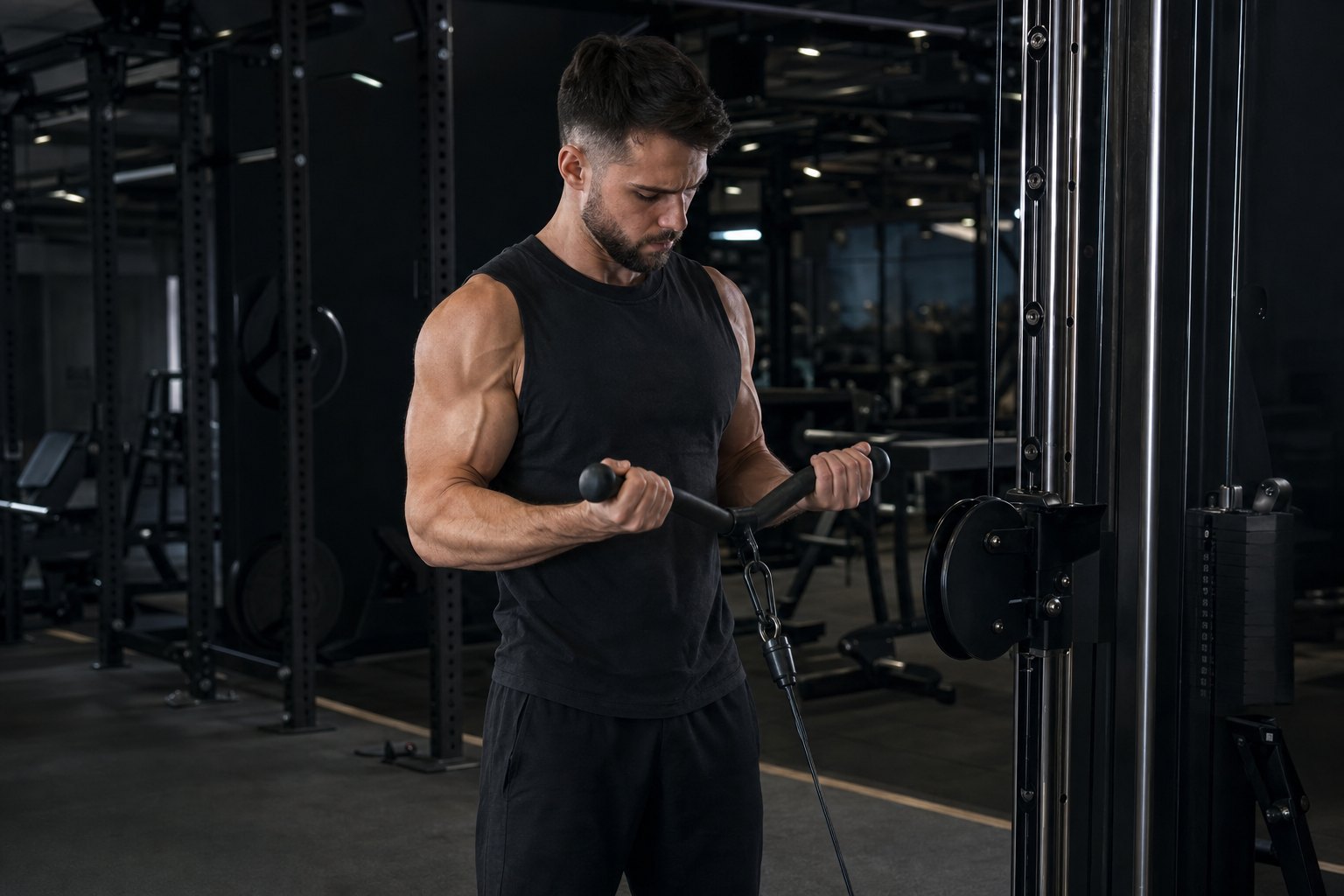 Athlete performing controlled cable curls in a strength gym