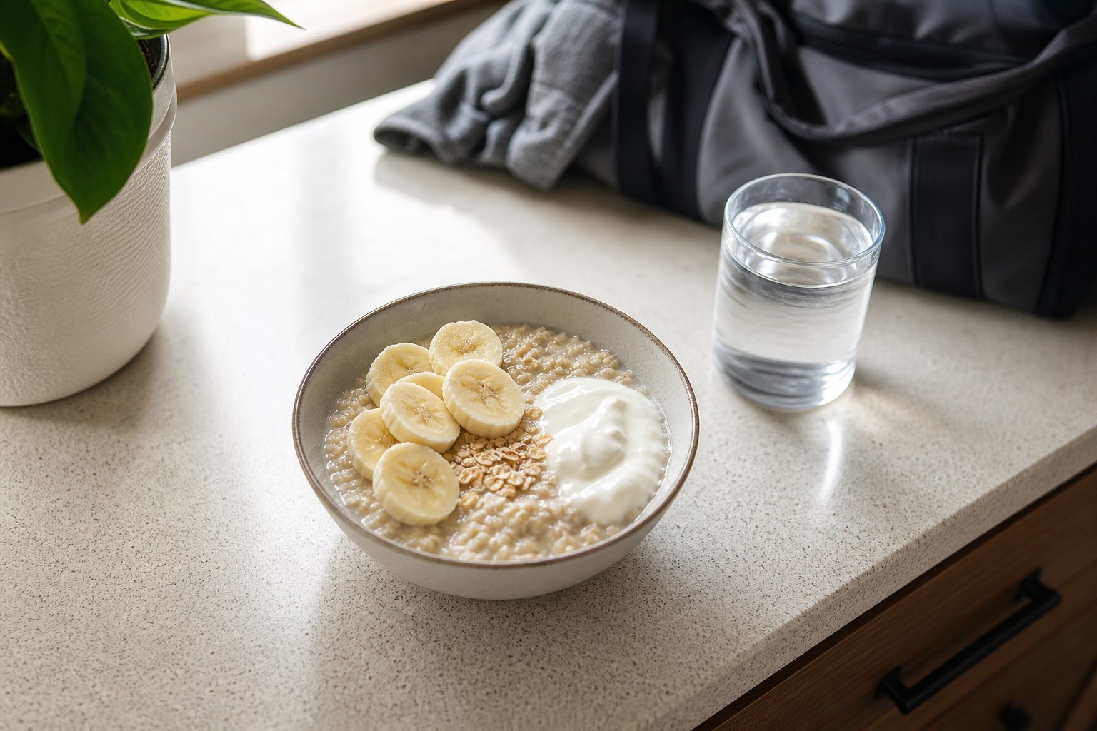 Oatmeal with banana and yogurt beside water and a gym bag