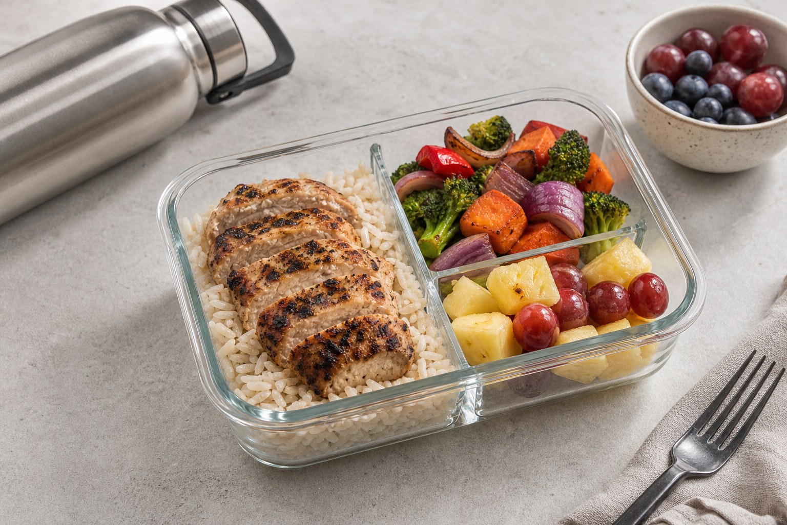 Meal-prep container with chicken, rice, vegetables and fruit beside water