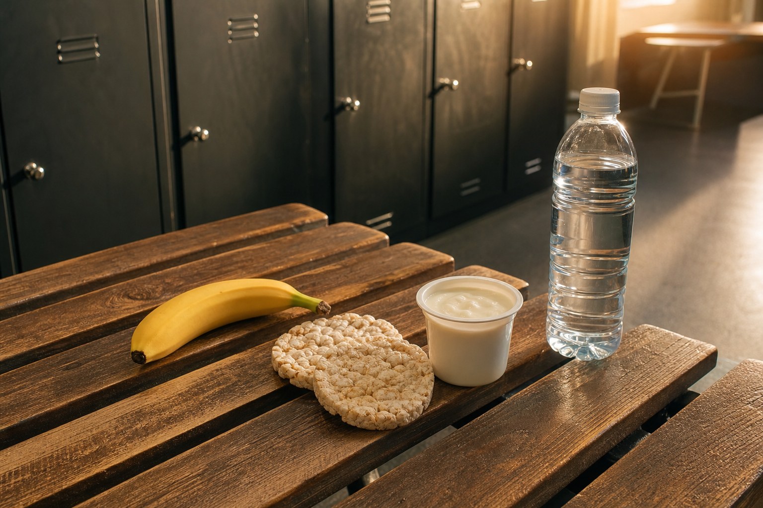 Banana, rice cakes, yogurt and water on a gym bench