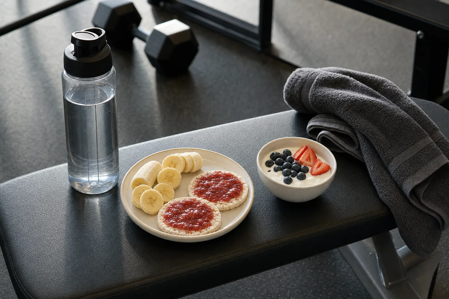 Banana, rice cakes, yogurt with berries and water arranged as simple pre-workout snacks