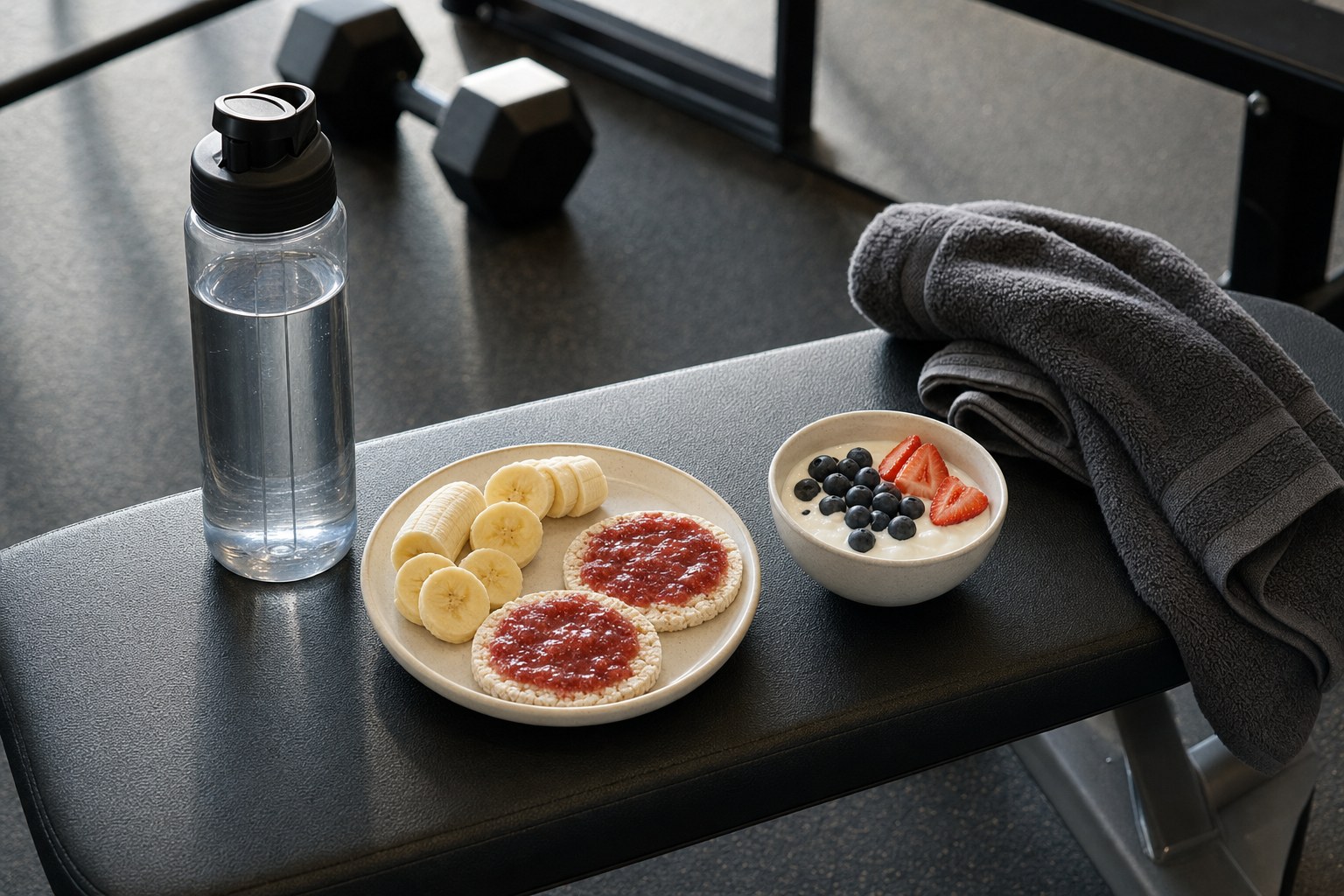 Banana, rice cakes, yogurt with berries and water arranged as simple pre-workout snacks