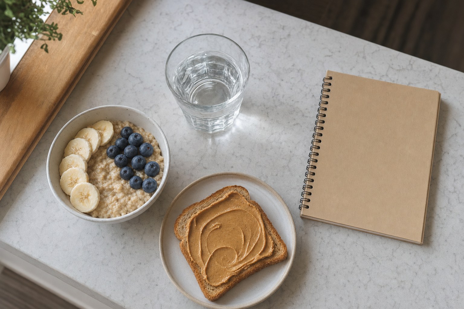 Oatmeal with banana and berries, toast and water prepared before a workout